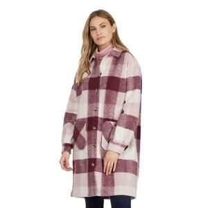 Mexx Women’s Soft-Brushed Plaid Long Shacket Pink Burgundy  Sz XS NWOT